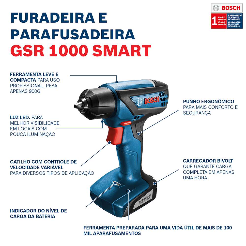 FURADEIRA/PARAF A BAT GSR1000 SMRT BOSCH 8